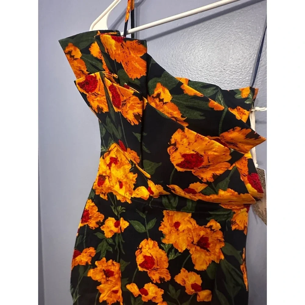 Hyacinth House Margot‎ Navy Marigold Floral Ruffle One Shoulder Maxi Dress S